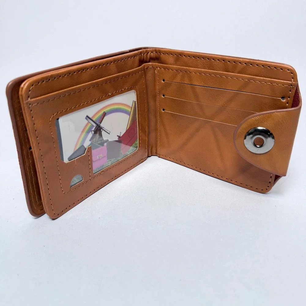Mens 100 Dollar Bill Print Bifold Wallet Tan Faux Leather Snap Closure Novelty
